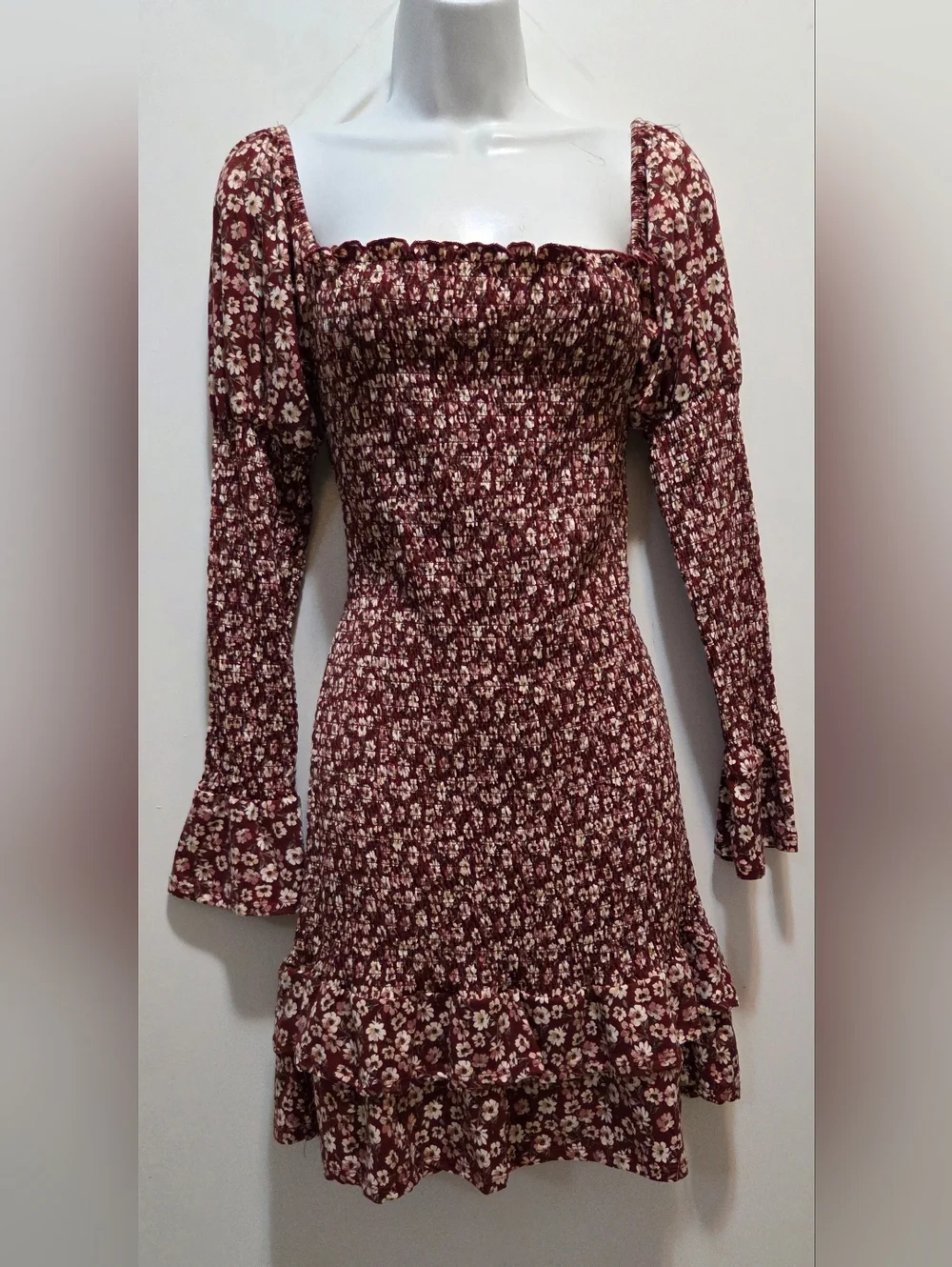Vibe Sportswear Floral Square-Neck Long Sleeve Dress - Wine Red/Burgundy. - Picture 4 of 6